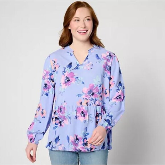 Denim & Co. Printed Blouse with Smocked Cuff-Periwinkle-XS - Picture 1 of 3